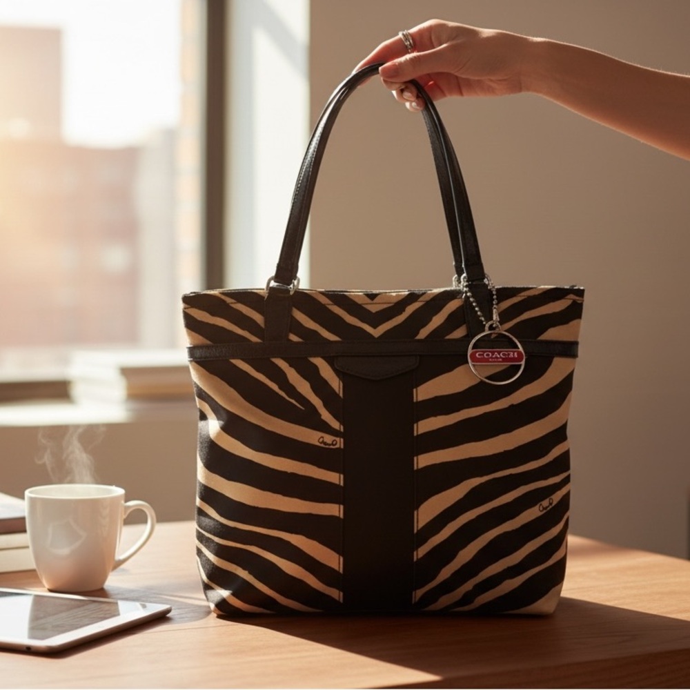 Coach Zebra Print Fabric Black Leather Satchel Bag Authentic